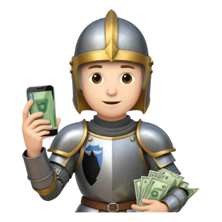 Knight with helmet holding phone and money sticker