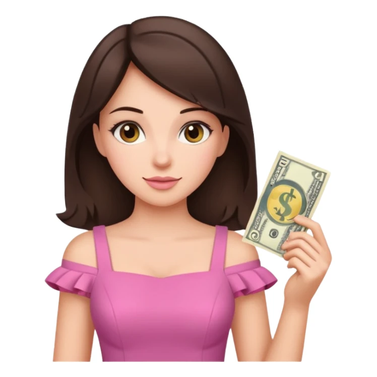 brunet Woman wearing pink dress holding dolar sticker