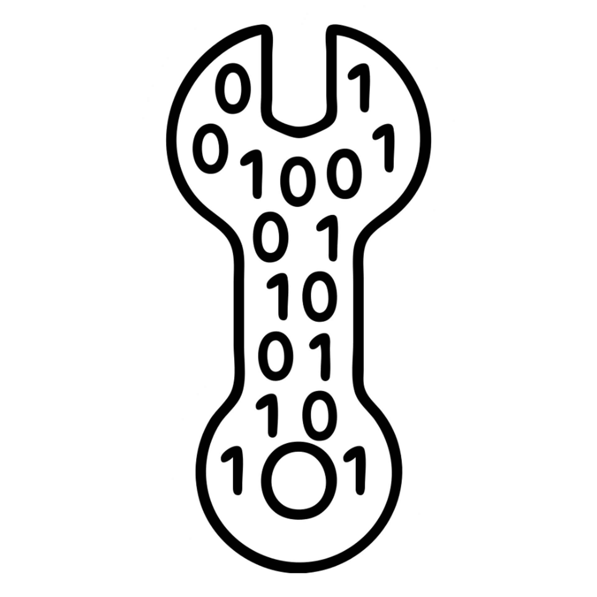 A wrench tool made out of binary code, with 0s and 1s flowing through and forming the shape of a wrench sticker