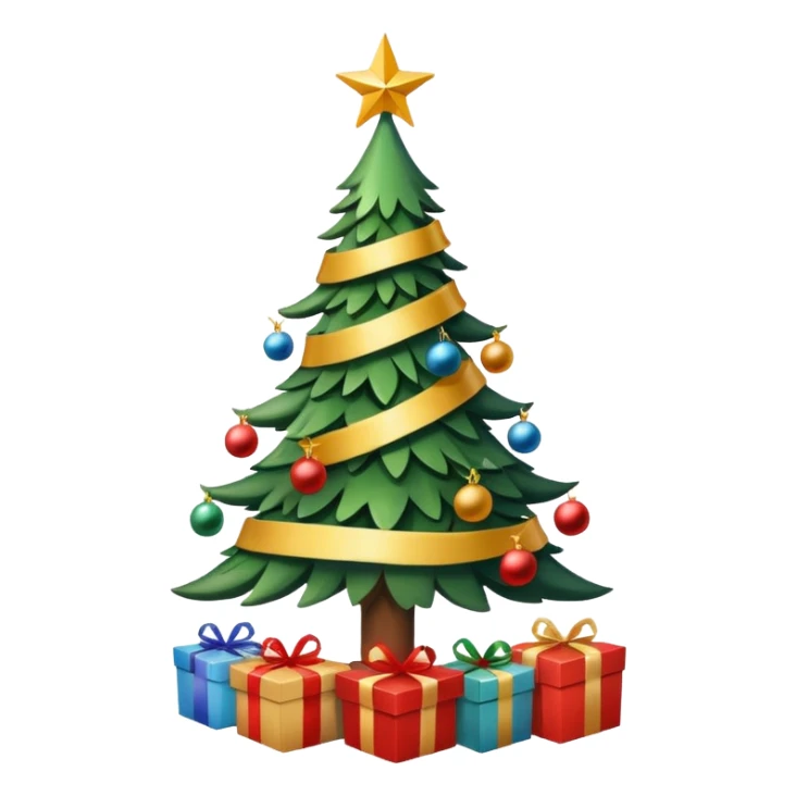 Christmas tree with decorations and ribbons, it has a star on top, at the base of the tree there are gifts. sticker