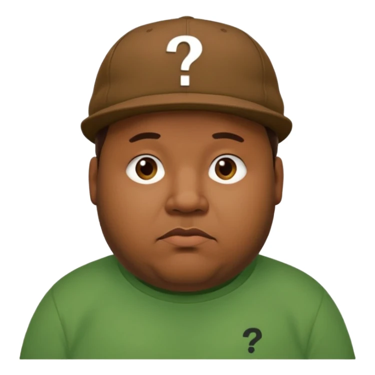fat man with brown cap and green t shirt printeed a question mark sticker