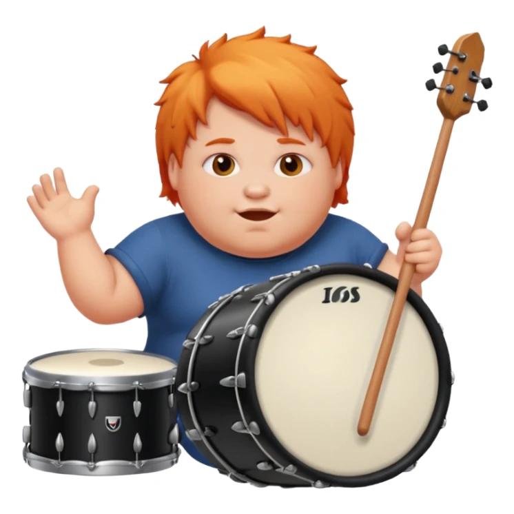A chubby orange hair fan pounding a bass drum, cheeks puffing with energy. sticker