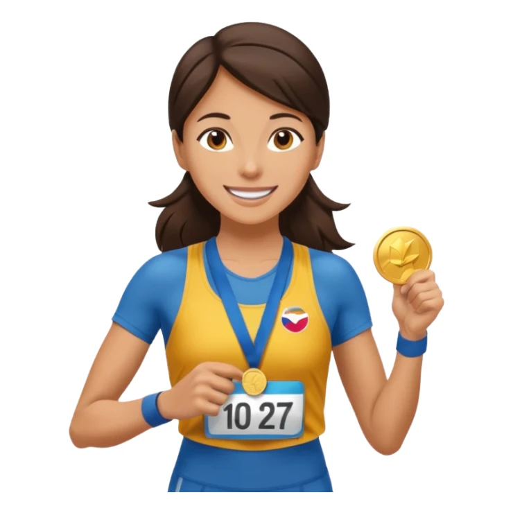 Beautiful brunette woman marathon runner receiving medal  sticker