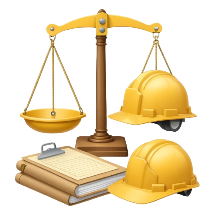 Image of a justice scale with a construction helmet on one side and a folder on the other. sticker