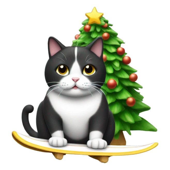 Fat Tuxedo Cat surfing a Christmas tree sticker