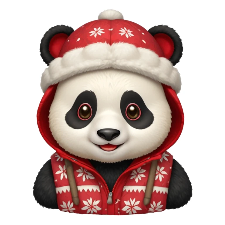 Photorealistic close-up of a cute, smiling panda wearing a red patterned winter trapper hat. Happy expression, cheerful vibe. Simple studio background. Detailed textures, sharp focus sticker