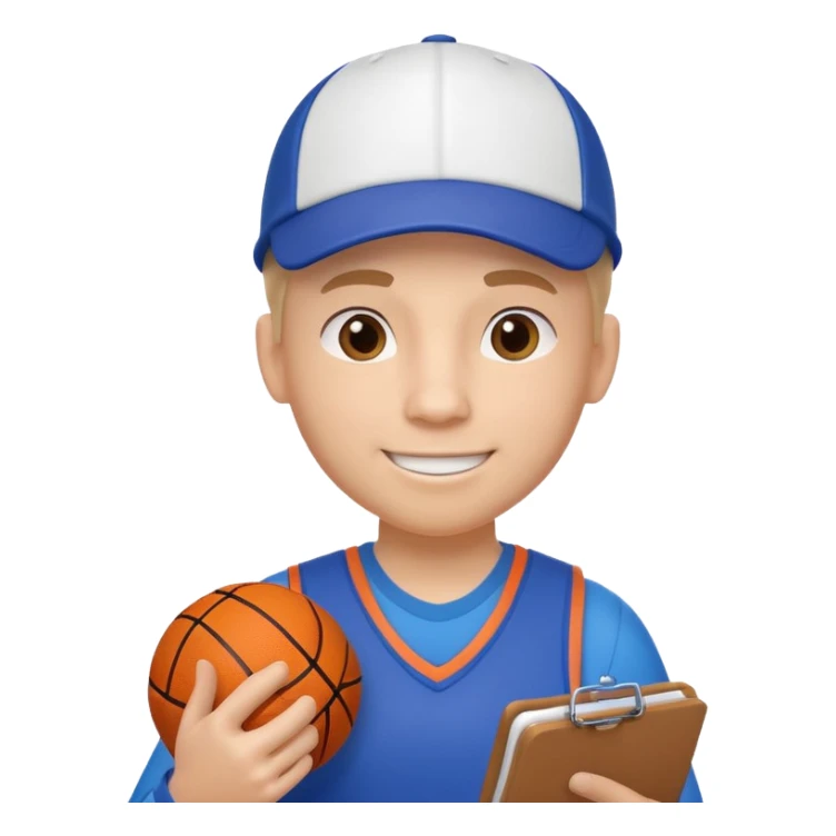cute basketball coach portrait, head and shoulders only, whistle, cap, clipboard strap, confident smile, 3D cartoon, mobile game icon style, clean background, no text, no watermark
 sticker