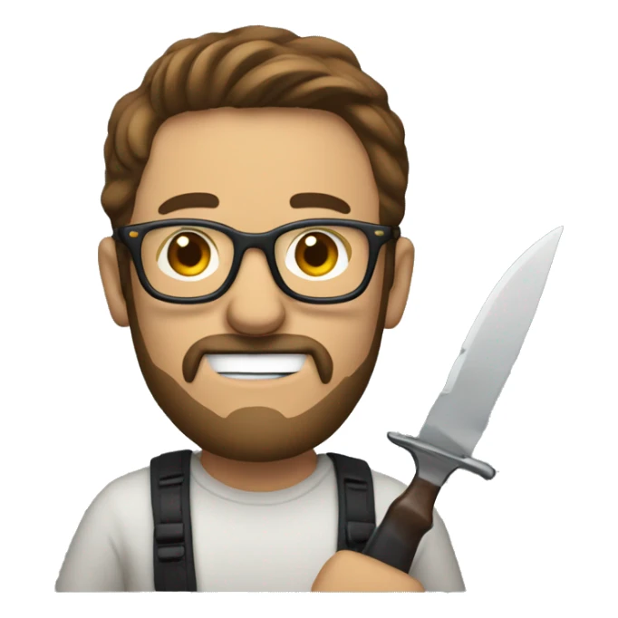 man watching stream with toy knifes in his hands. He wears glasses and have brown hair and beard sticker