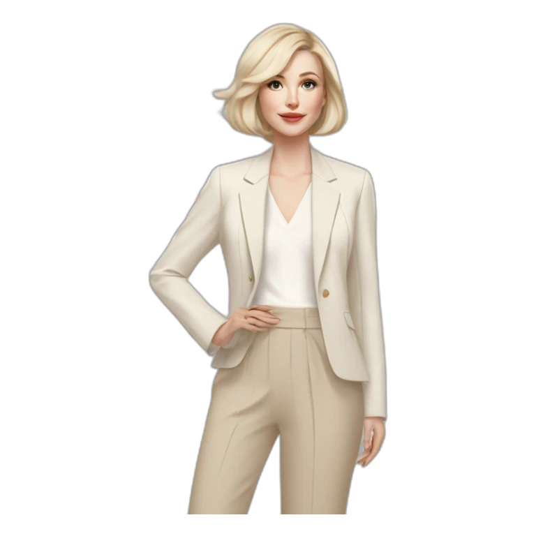 pale skin woman with ash blonde Straightened bob Hair, White Spacious classical jacket, beige palazzo Arrow pants and gray blouse holding a color palettes in the hands sticker