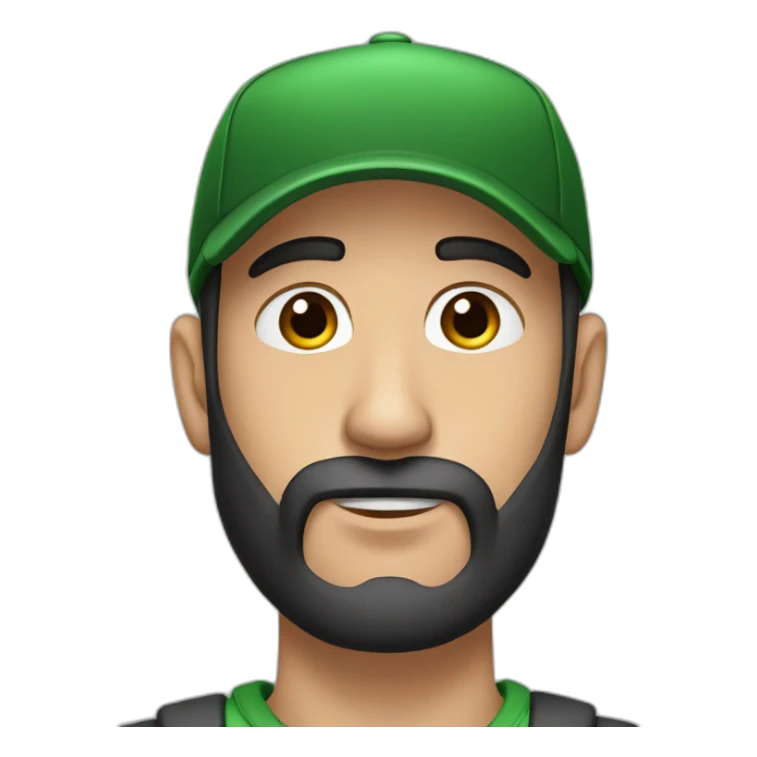 Man, thin face, dark brown long beard, up to his nose, protruding ears, green eyes, wearing black and red cap. sticker
