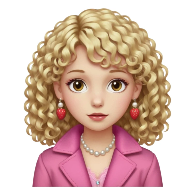 pale girl , who has curly medium length blonde and curly bangs, narrowed hazel eyes , slightly dark but shiny brown shadow, in a dark brown jacket with fur on the shoulders , wearing a pink laced camisole, wearing pearl earrings, wearing a strawberry hairclip sticker