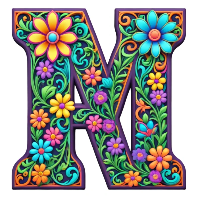3D, gothic style psychedelic colored Letter W with hippie style flower border sticker