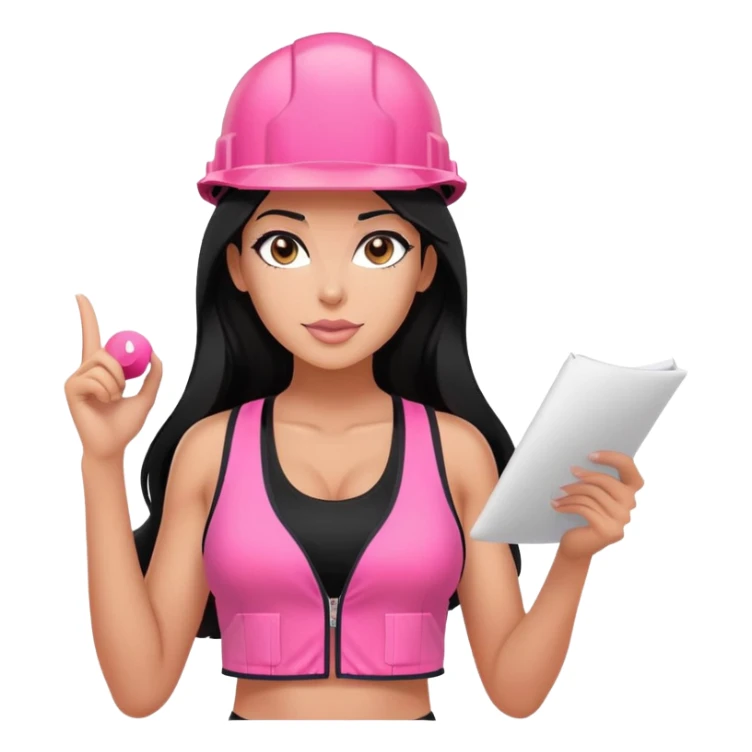 pink construction hat, design draft in hand, long black hair tanned woman, black sports bra, pink vest, sexy, hot  sticker