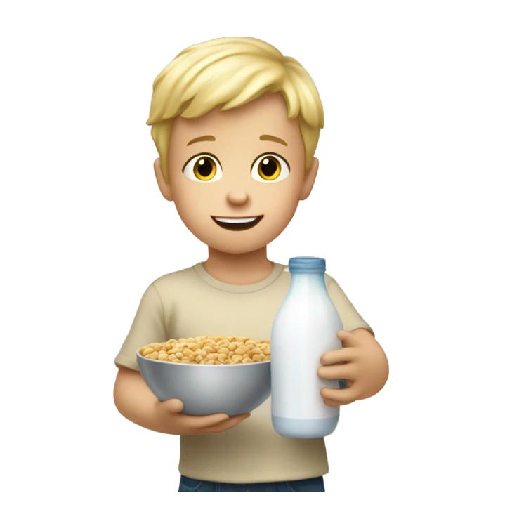 Little blonde boy holding a bowl of milk with cereal sticker
