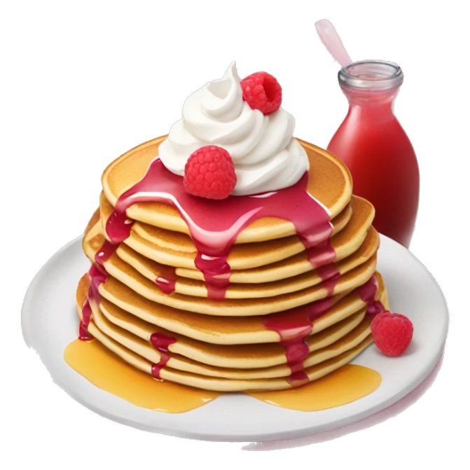 Pancakes with fruits whipped cream and pink raspberry sauce and syrup  sticker
