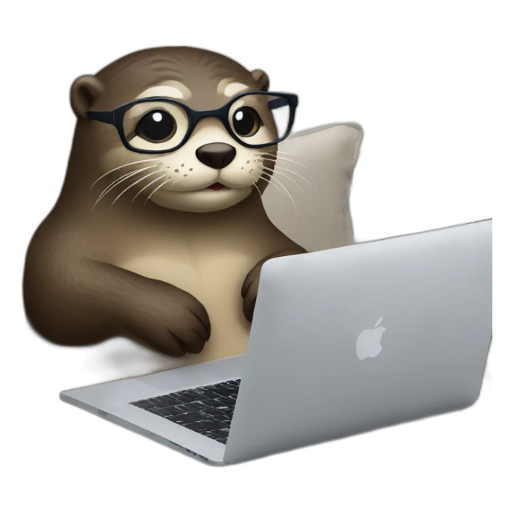female otter with glasses use a macbook while seated against a pillow sticker