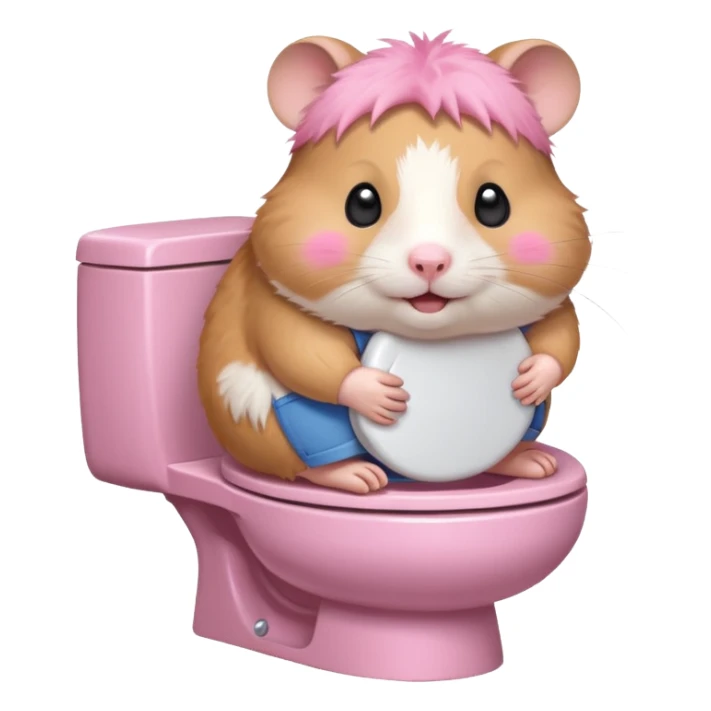 Cute chubby cartoon-style hamster sitting on toilet, sticker-style illustration sticker