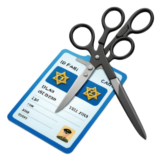 Floating black Scissors cutting in half an idf soldier ID card with a little chip in 2 parts sticker