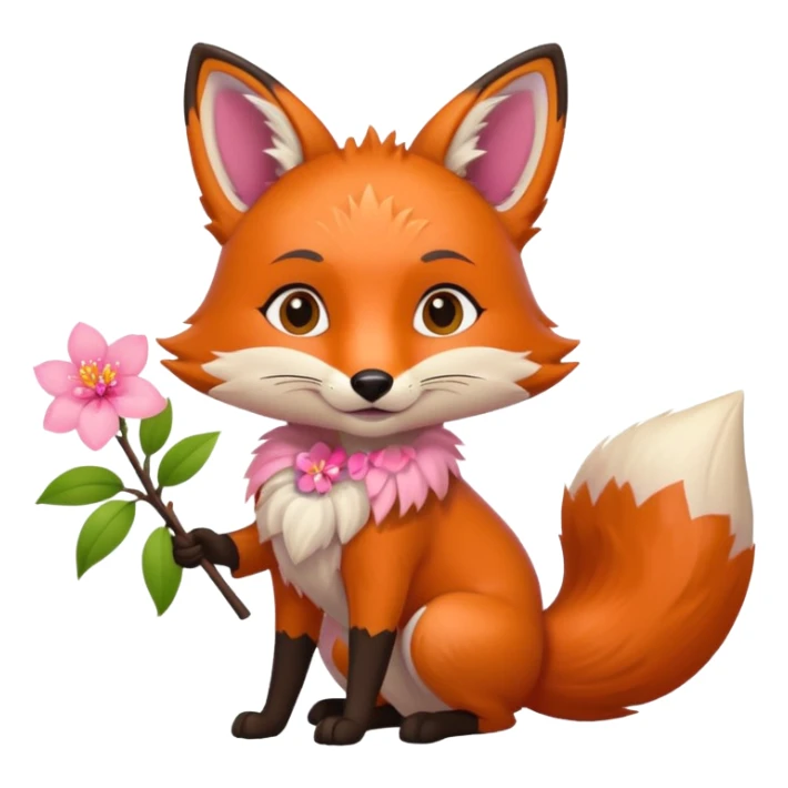 Fox holding a blossom and wearing a blossom sticker