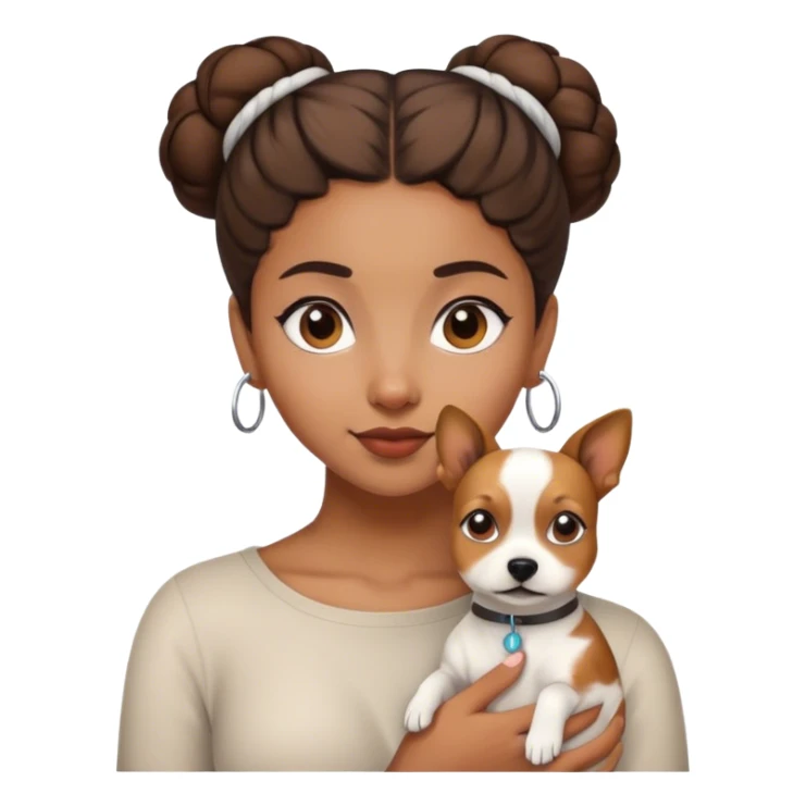 sort, 30 year old, brown girl, back Bun (one) hairstyle, with a bug white brown dog sticker