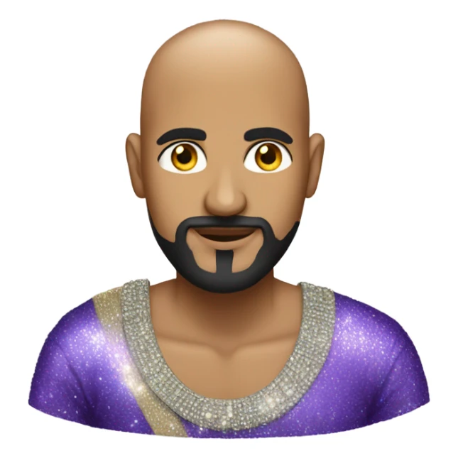 Bald Indian guy with black goatee wearing sparkles sticker