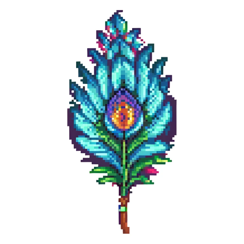 peacock feather, pixel art style, colorful, retro video game aesthetic sticker