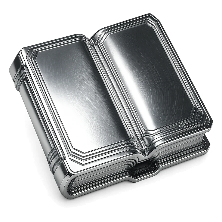 stylized chrome book, open, shiny pages, futuristic look sticker