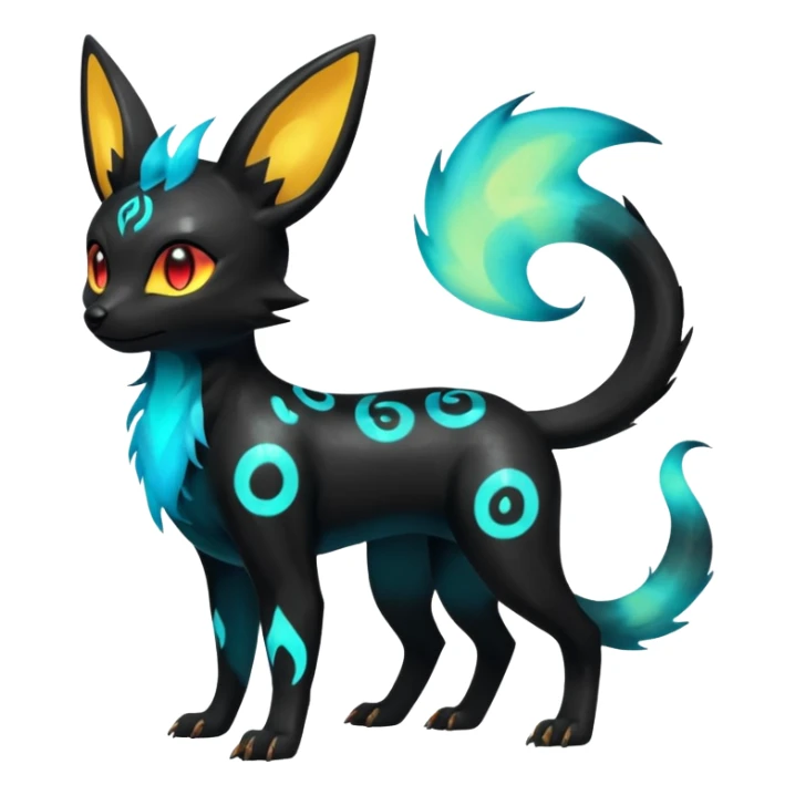 Shiny Fiery Dark Glowing Ethereal Eldritch Cool Edgy Badass Punky Aural Iridescent Fluorescent Bioluminescent Umbreon-Amaura-Salandit-Litten-Flareon-Fakémon-fusion (full body) with pattern markings sticker