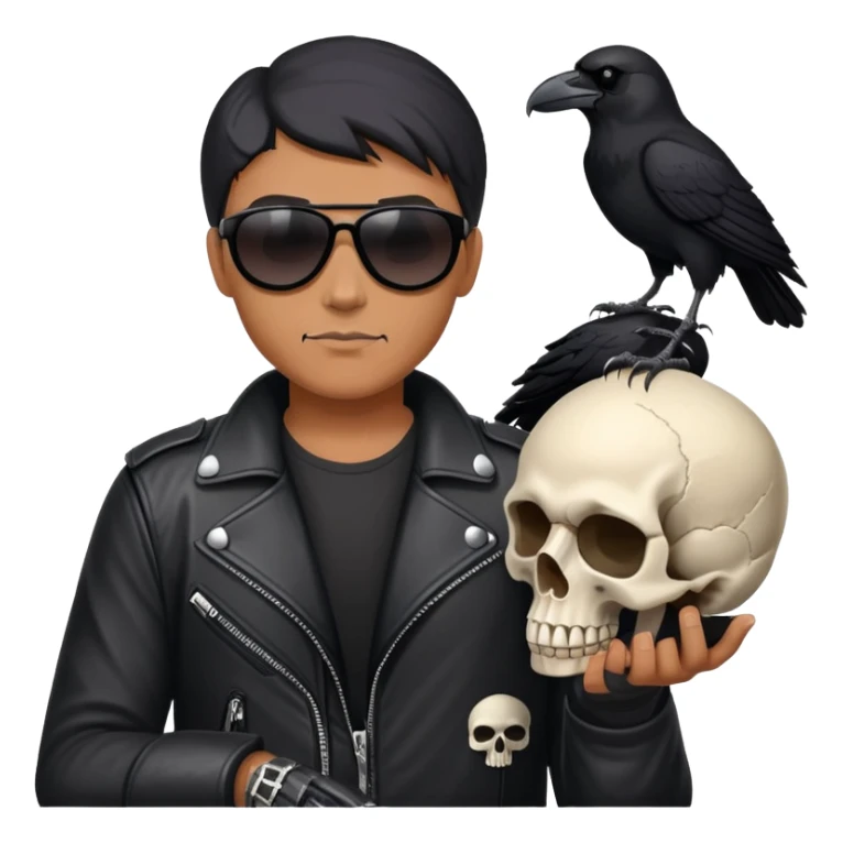 Biker wearing sunglasses holding a skull and a raven sticker