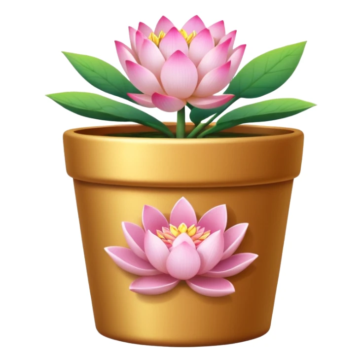 Gold-colored ceramic flower pot; it is shallow and cylindrical, and contains a lotus flower plant.
 sticker
