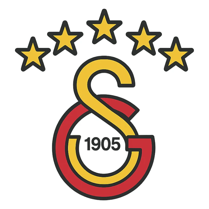 Galatasaray emblem, 5 stars above, contemporary design, yellow and red, minimalistic, color outline icon style sticker