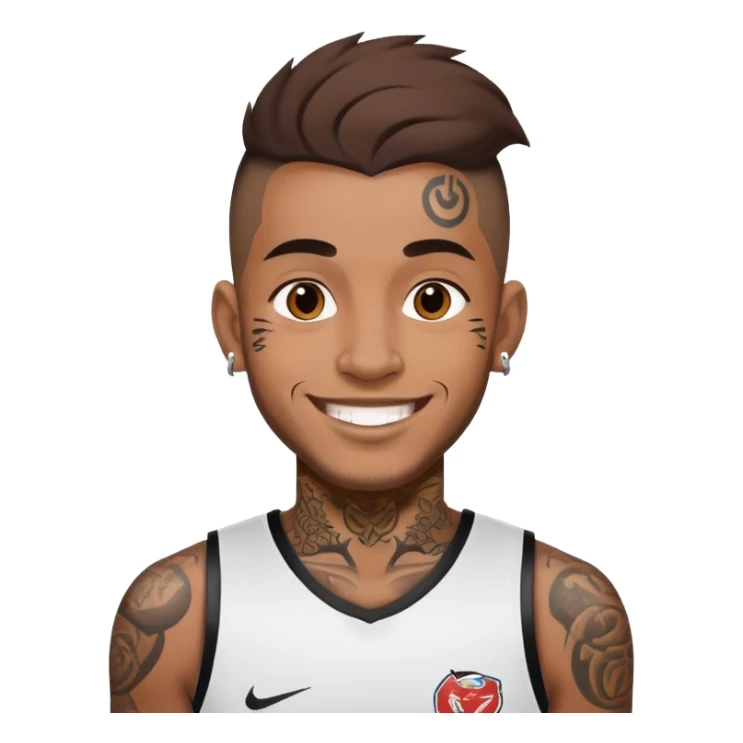 man with face tattoos, smiling, wearing a sports jersey sticker