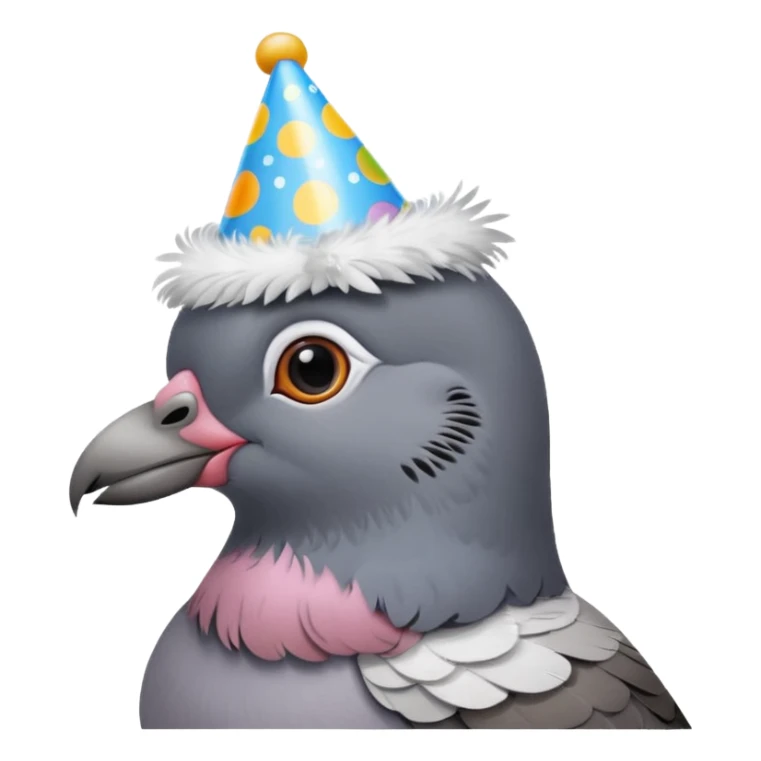 A pigeon wearing a birthday hat sticker