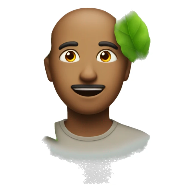 A relaxed emoji face with reddish eyes. And with small dust clouds and green leafs around him sticker