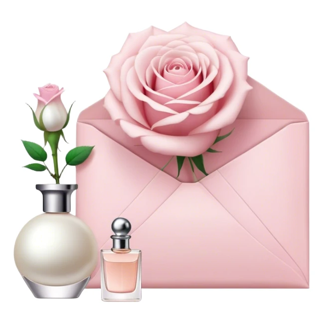 white rose next to a pearl-colored envelope and a flacon of aesthetically pleasing perfume in powder pink  sticker