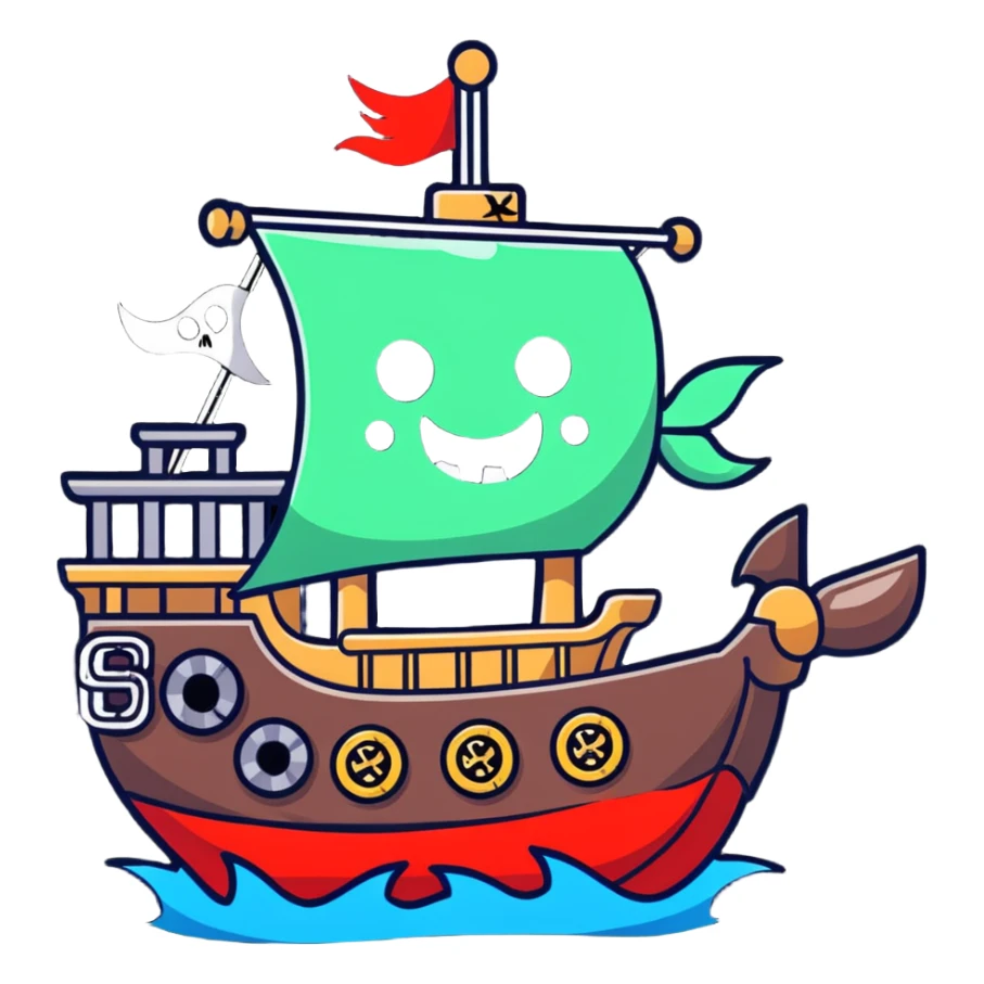 A cartoon toy pirate ship with a friendly face and tiny cannons sticker