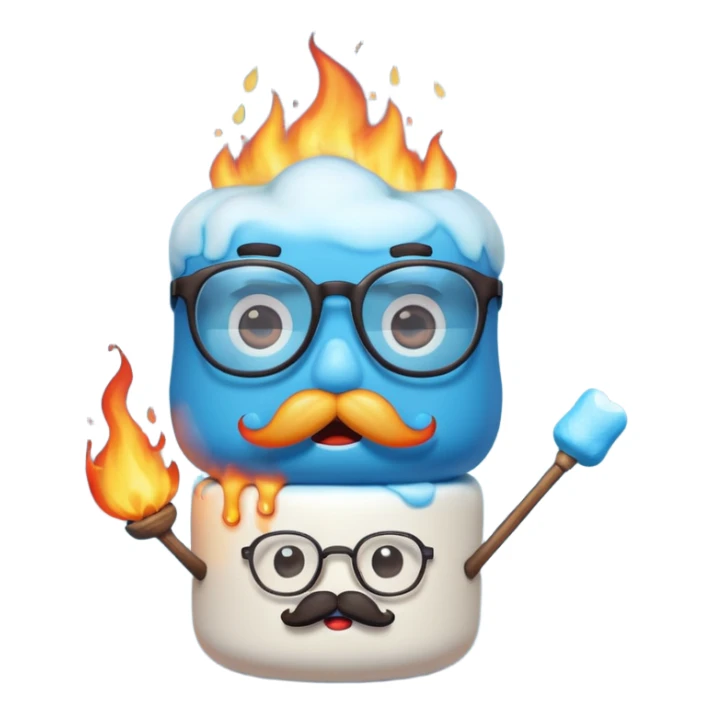 blue marshmallow on fire, surprised with mustache and glassess, just marshmallow sticker