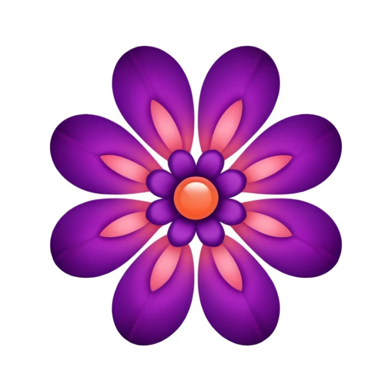 abstract organic tech symbol with five deep purple petals, circular negative space, glowing coral-pink center, very light pink rounded square background, modern minimal sticker