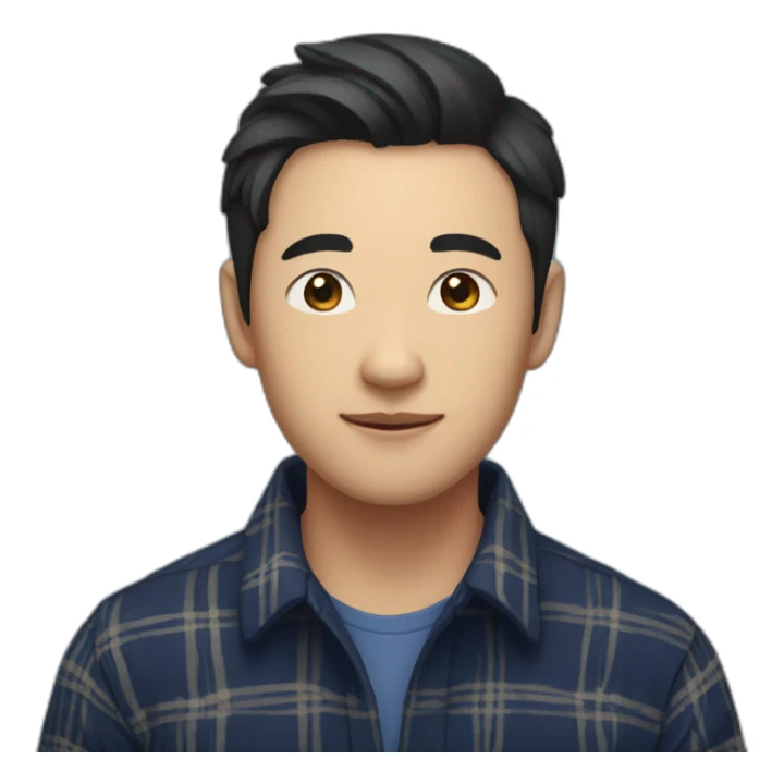A asian young man with no beard,  short black hair, exuding confidence, clad in a navy blue checked flannel shirt. sticker