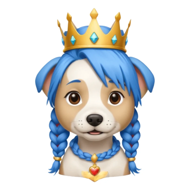 blue haired dog with braided hair and a crown sticker