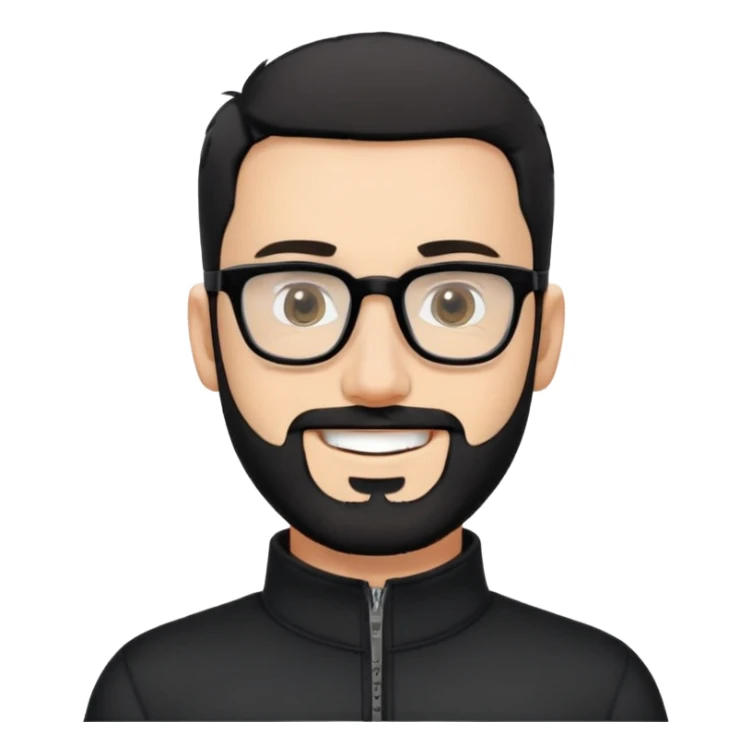 Fair-skinned man with very short buzzed black hair, short distinctly salt and pepper beard, large black-framed glasses, smiling, wearing black long sleeve quarter-zip shirt with visible zipper at collar sticker
