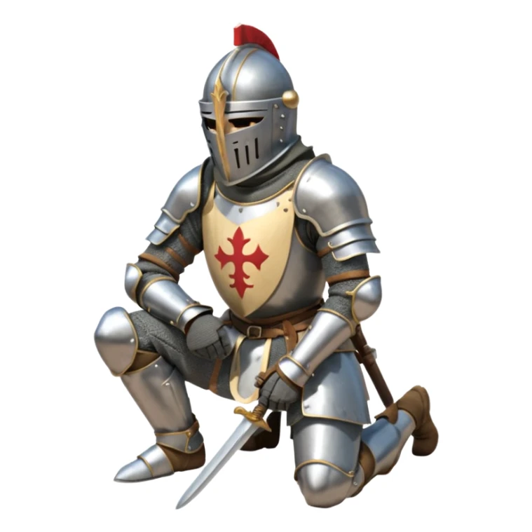 A lone medieval knight in plate, worn armor kneels. His helmet is closed, hiding his face, conveying silence, exhaustion and contemplation. A long sword is planted in the ground beside him, its hilt resting near his gloved hands as if he is praying or resting after battle. sticker