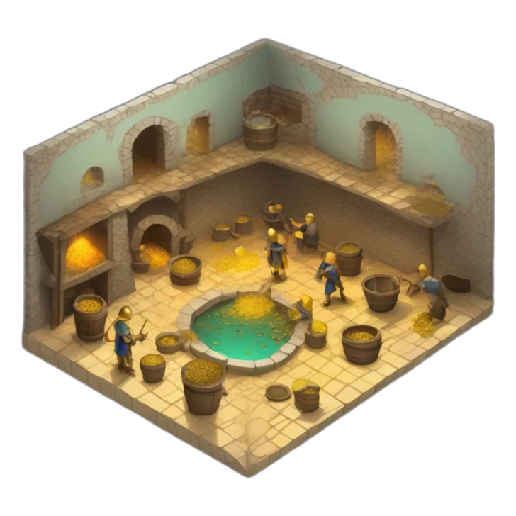 open floor plan of a medieval mint showing different people working, one person on the furnace, some people molding liquid gold into coins sticker