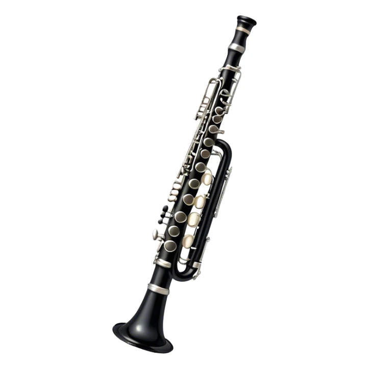 Create an elegant and refined emoji representing A clarinet. The design should showcase the sleek, black wood finish of the clarinet with its shiny metal keys and elegant detailing. Include the distinct, high-quality features, giving it a modern and sophisticated look. Add subtle elements like the mouthpiece with the reed, emphasizing its importance in sound production. Use dark tones like ebony, silver for the keys, and soft light reflections to evoke a professional, classical feel. The background should be transparent. sticker