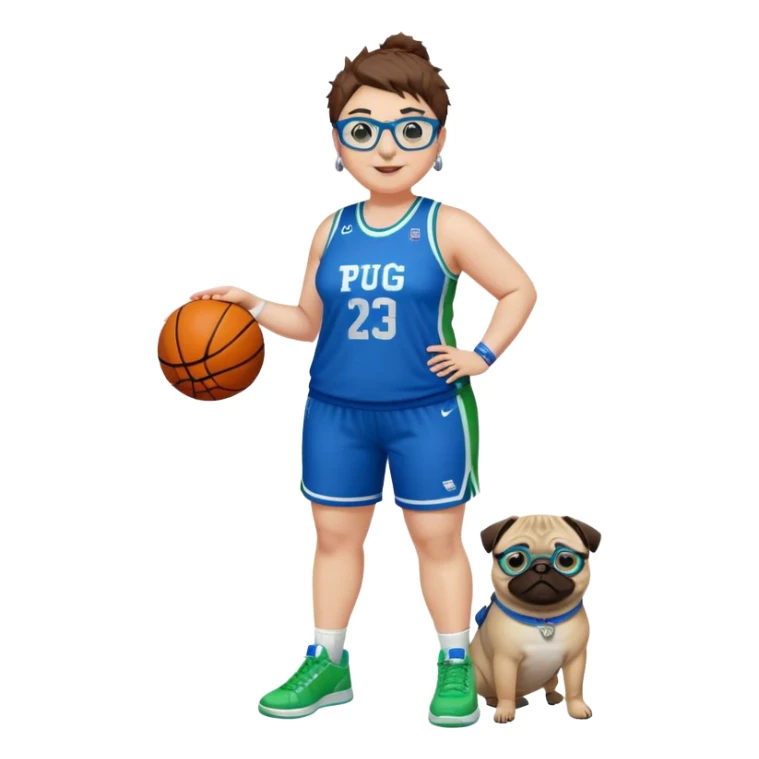 Full Body plus size white female basketball player with short medium brown hair with short spike hair wearing blue glasses 
With a pug wide nose wearing blue green uniform  green sneakers smiling wearing silver hoop earrings sticker