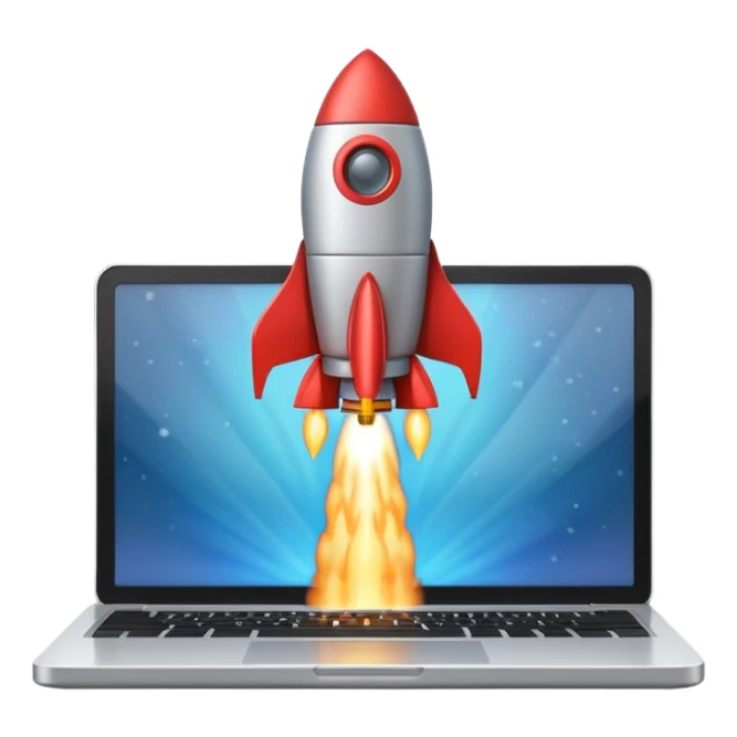 rocket launching from a laptop, symbolizing the start of a new business, clean modern emoji style sticker
