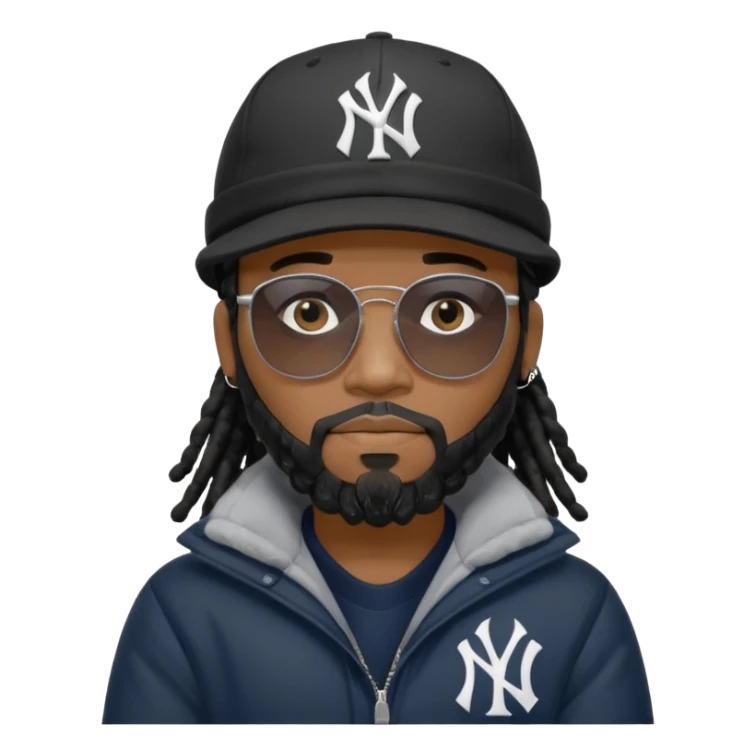 African American man with shoulder length black dreadlocks and black beard wearing black sunglasses with a New York Yankees baseball cap wearing a black bubble winter coat with arms folded sticker