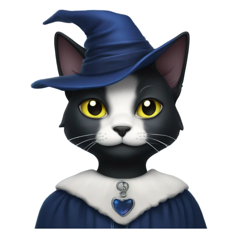 black cat with a white soul path wearing a dark blue witches ha sticker