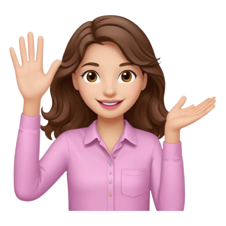 girl with wavy long brown hair, brown eyes, light to medium complexion, long lashes, light pink lipstick, smiling, wearing light pink shirt, waving hello sticker