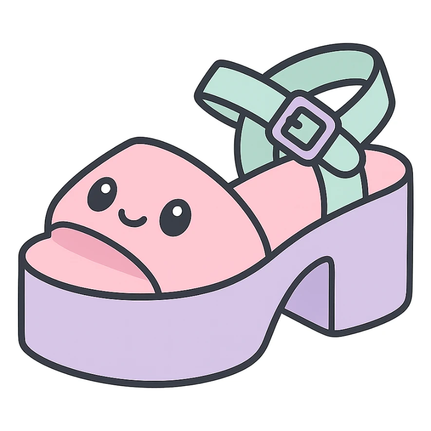 Transform these primarily black kawaii gothic shoes with pink and pastel accents, silver studs and chains, into platform sandals, no socks, no hearts, transparent background sticker